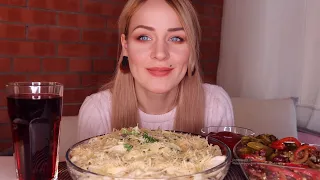 MUKBANG | Паста фетучини с курицей и грибами в сливочном соусе | Fettuccine pasta не ASMR