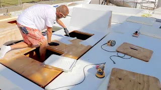 E32 Building a Catamaran / FAIRING and PRIMING the DECK ⛵️