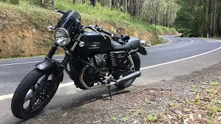 Moto Guzzi V7. Full Throttle. Reefton Spur. Loud exhaust.