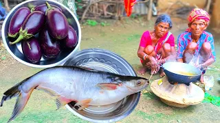 rural old grandma cooking BIG SIZE PANGAS FISH CURRY with brinjal and eating with water rice 😭😭😭