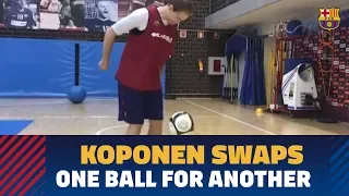 Barça basketball player Petteri Koponen shows his skills with his feet
