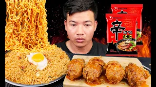 ASMR SPICY FIRE NOODLES & HONEY GLAZED FRIED CHICKEN MUKBANG (No Talking) chicken asmr