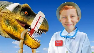 Leo and dad are playing with the dinosaurs in the profession of a doctor and feed the dinosaurs.