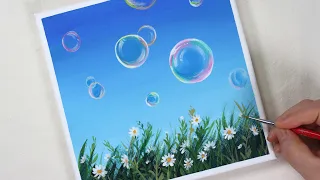 Bubbles on flower fields / Easy acrylic painting for beginners / PaintingTutorial / Painting ASMR