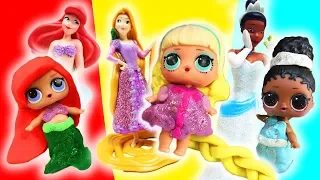 LOL Surprise Dolls Disney Princess Makeovers and Princess Training! With Rapunzel, Ariel, & Tiana!