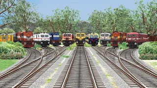 Nine Trains Crossing Each other at Curved Branched Railroad Tracks – Train Simulator