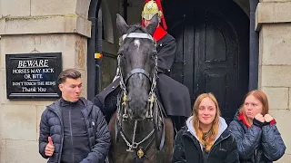 STAND BACK! (Twice) Tourist LEANS on the The King's Guards Horse!