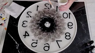 #1484 Huge Resin Clock With Gorgeous Black And White 3D Blooms