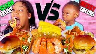 CLEAN VS MESSY MUKBANGERS CHALLENGE (CHEESY BURGER PASTA TACO & SEAFOOD MUKBANG) QUEEN BEAST & LAYLA