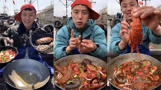 EATING WITH FISHERMAN DAGANG Eat scallops, lobster, octopus, abalone, and conch #yummy #seafoodboil