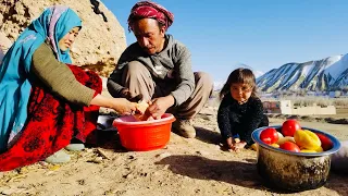 Cooking traditional Qorma Palaw | eating dinner together | Bamiyan cave life | like 5th century
