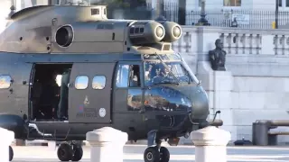 RAF Puma lands in Trafalgar Square with Tom Cruise: filming of "Edge of Tomorrow".