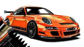 Realistic Car Drawing - Porsche 911 997 GT3 RS - Time Lapse - Drawing Ideas