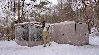 solo camping set up the same two tents in a strong snowstorm  ASMR