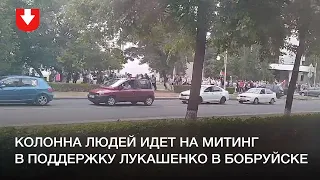 Колонна людей идет на митинг в поддержку Лукашенко в Бобруйске