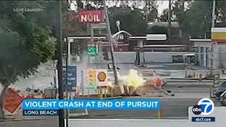 Chase in Long Beach ends with violent, fiery crash caught on video