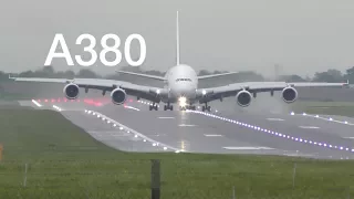 Airbus A380 landing Birmingham airport after heavy rain Emirates airline