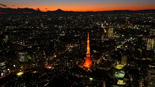 夕方の東京タワー上空から富士山を望む