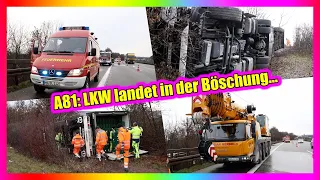 A81: WEINSBERGER KREUZ - LKW landet in der Böschung und kippt um  🚒 FEUERWEHR WEINSBERG VOR ORT  [E]