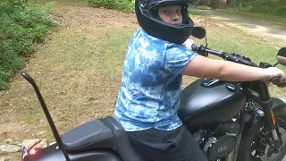 Kid thinks he can ride a Harley Davidson motorcycle fat Bob 114 for the 4th of july