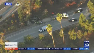 Fire engulfs car on freeway transition in North Hollywood