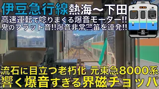 【超広角前面展望】床下から響く界磁チョッパ！目立つ老朽化！爆音非常警笛を連発！伊豆急行線 元東急8000系 全区間 熱海～伊豆急下田【Japanese Train driver’s Cabview】