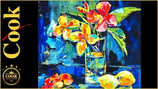 How to Paint a Tropical Vibrant Floral Arrangement and Lemons in Acrylics #acrylicpaintngtechniques