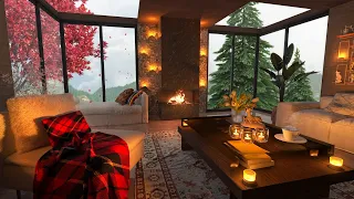 Windy Day at Cozy Cabin with Fireplace and Howling Wind Ambience | Relax, Focus, Study Sounds