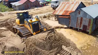 Incredible Bulldozer Push sand Cleaing lake and Dump Truck 10wheel Unloading Sand