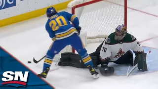 Blues' Brandon Saad Banks Own Rebound In Off Coyotes' Karel Vejmelka From Behind The Goal Line