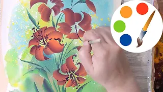 One Stroke, How to paint a picture with orange lilies using paints and polyethylene