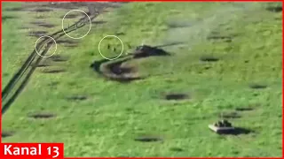 Camera captures escape of Russians after their tank hits a mine and is shot by a drone