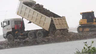 Beware The Great Safety Truck Unloading Heavy Rock Soil Wonderful Swamp Landfill