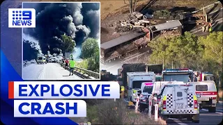 ‘Massive explosion of fire’ after crash with seven vehicles and army tank | 9 News Australia