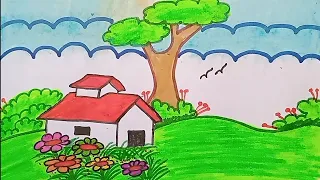 How to draw a village scene step by step very easily/how to draw village scenery