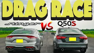 2023 Kia Stinger GT Tribute vs 2023 Infiniti Q50 RS Opal Edition, drag and roll race.