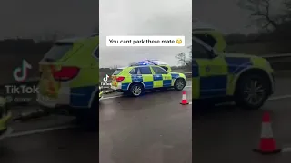 Uk 🇬🇧 police car accident 😳  Hey mate you can't park there 🤣🤣