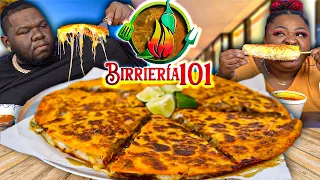 EATING A MASSIVE BIRRIA PIZZADILLA!! *EXTRA CHEESY* | BIRRIERIA 101 | MUKBANG EATING SHOW