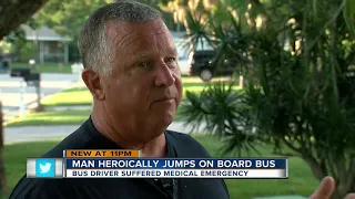 Good Samaritan jumps on moving bus to help driver suffering medical emergency