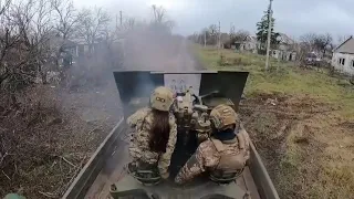 ZU-23-2 anti-aircraft machine gun of the Ukrainian Armed Forces firing horizontally (November 2022)