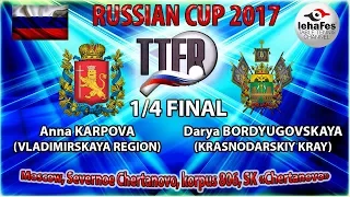 КУБОК РОССИИ-2017 1/4 ФИНАЛА Анна КАРПОВА (R:697) - Дарья БОРДЮГОВСКАЯ (R:1122)