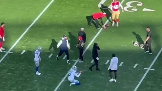 Dirty 49ers players interrupt Cowboys kicker Brett Maher in warms up. Jerry Jones Intervenes