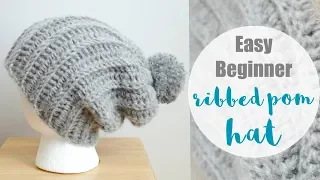 How To The Crochet the Easy Beginner Ribbed Pom Hat (Learn To Crochet Series)