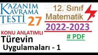 12. Sınıf | Kazanım Testi 27 | Türevin Uygulamaları 1 | Matematik | 2022 2023 | MEB | EBA