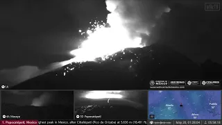 May 20 2023: (night) Popocatepetl volcano eruptions with glowing hot gas & lava bombs (infrared cam)