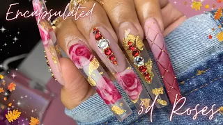 AUTUMN NAILS WITH ENCAPSULATED 3D ROSES/ OMBRE QUILTED NAIL/ ACRYLIC NAIL TUTORIAL