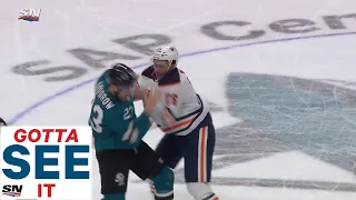 Connor McDavid Dropped In Neutral Zone Then Brandon Manning Fights Barclay Goodrow