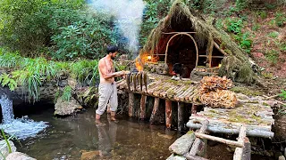 3 DAYS solo survival CAMPING. FISH, CATCH and COOK. Building BUSHCRAFT SHELTER. 30KG Giant MUSHROOM