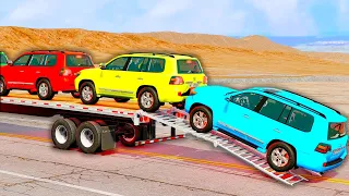 Flatbed Trailer Toyota LC Cars Transportation with Truck - Pothole vs Car #009 - BeamNG.Drive