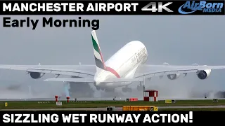 AWESOME Early Morning Wet Runway Action + 05L Lights Close Ups Manchester Airport 4K Plane Spotting